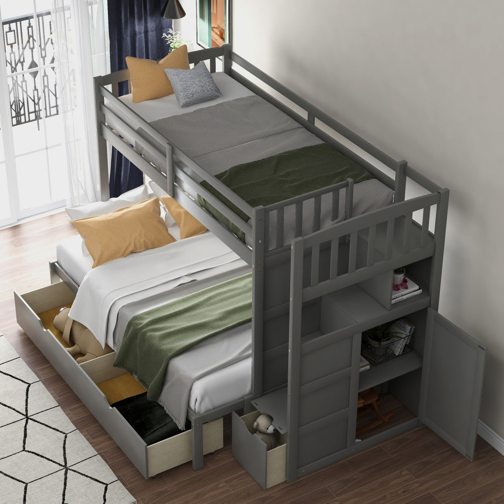 Twin over Full/Twin Bunk Bed, Convertible Bottom Bed, Storage Shelves, Gray
