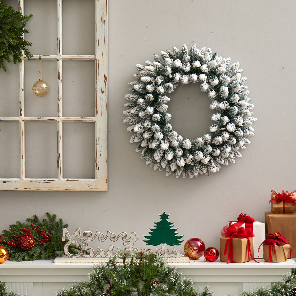 24" Flocked Faux Christmas Wreath With 160 Bendable Branches and 35 White Lights