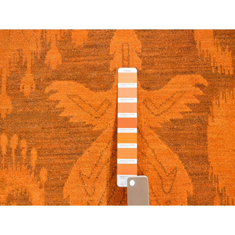 Hand Knotted Pure Wool, Orange Cast Overdyed Ikat Oriental Rug, 9'1"x12'3"