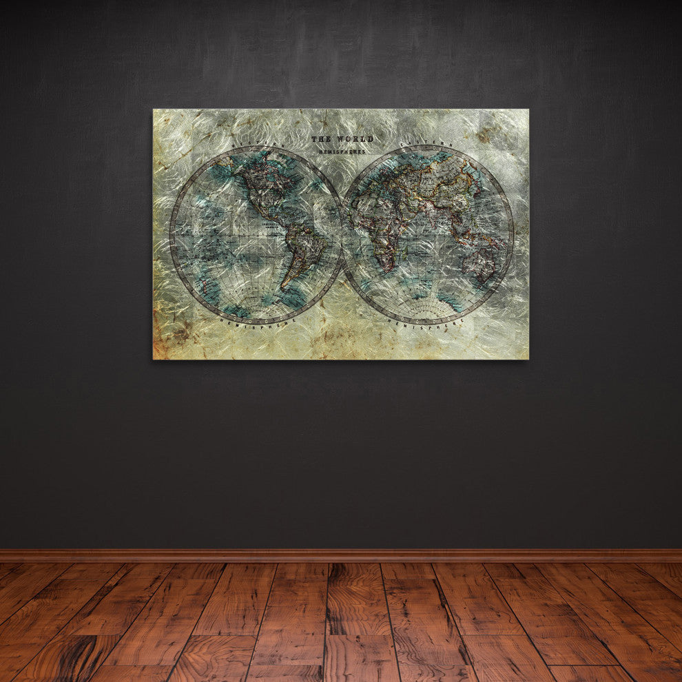 Cartography World Map Wall Art Reverse Printed Tempered Glass With Silver Leaf