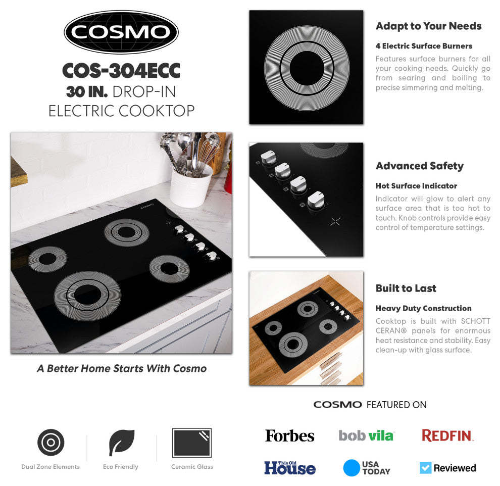 30" Electric Ceramic Glass Cooktop, Black With 4 Electric Burners