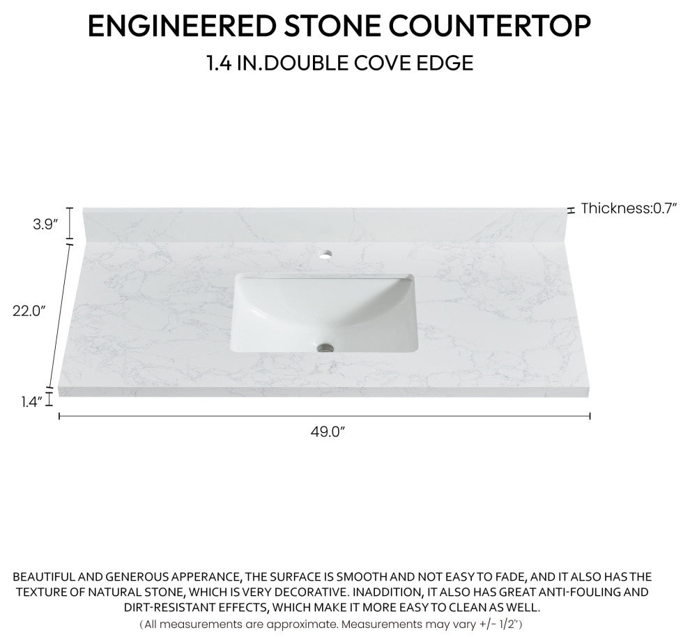 Malaga Composite Stone Vanity Top With Ceramic Sink, Grain White, 49"