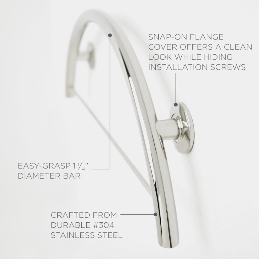 30" Half-Moon Curved Shower Grab Bar With Towel Bar, Polished Stainless