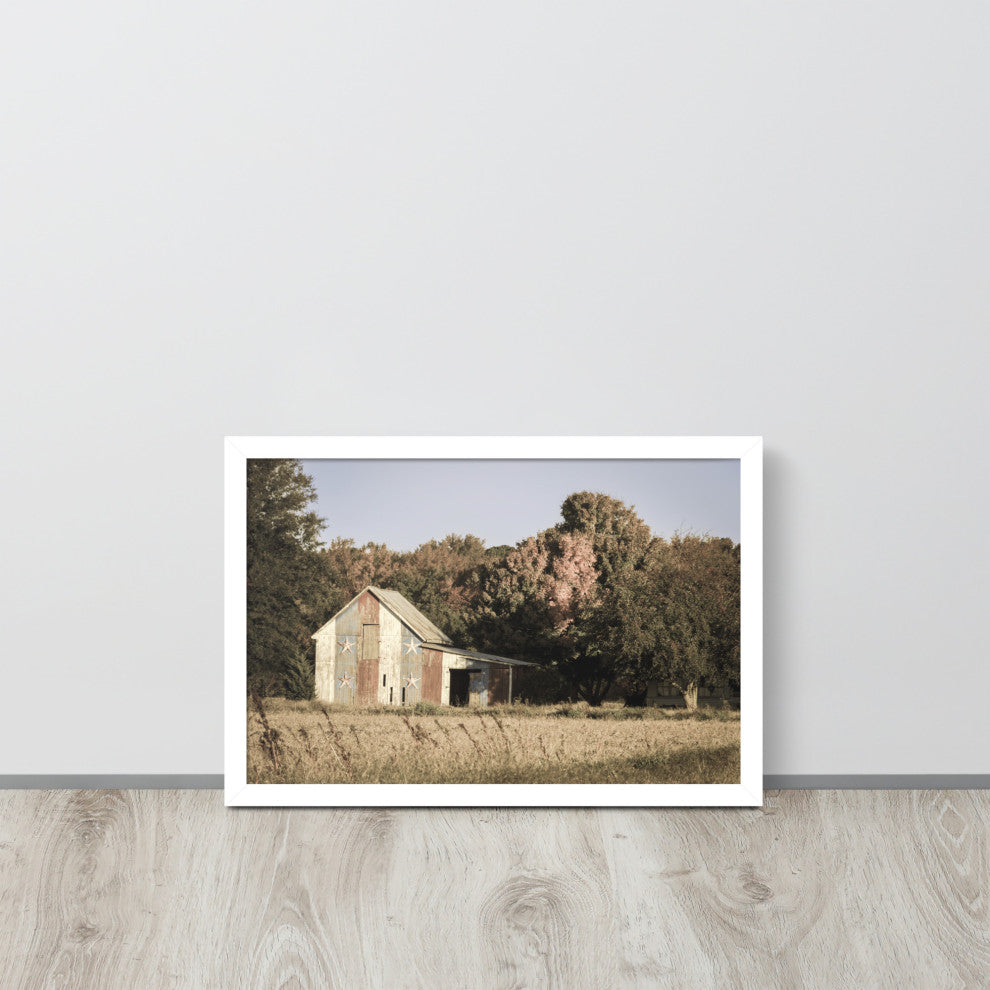 Patriotic Barn in Field Aged Effect Framed Photo Paper Wall Art Prints, Red Oak, 12" X 18"