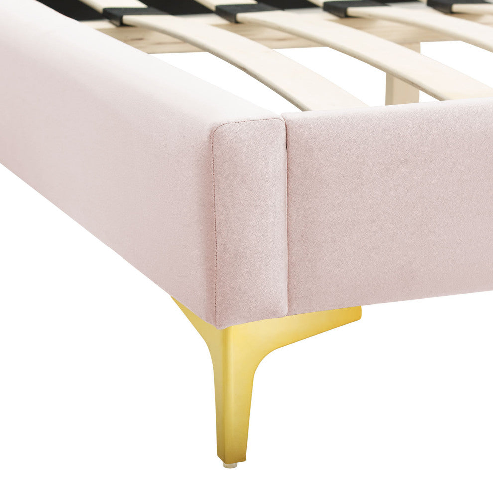 Platform Bed Frame, Queen Size, Pink, Velvet, Modern, Bedroom Guest Suite