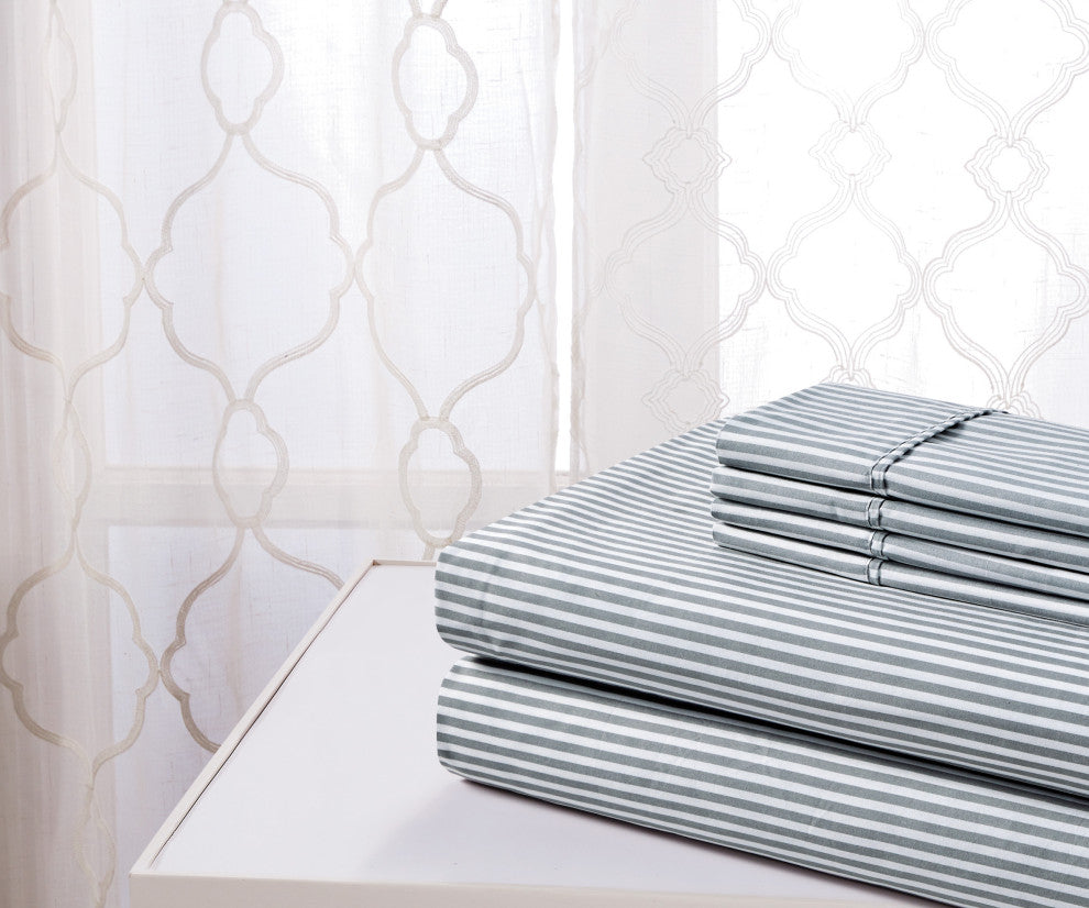 Bibb Home 4 Piece Printed Microfiber Sheet Set, Gray Stripes, King