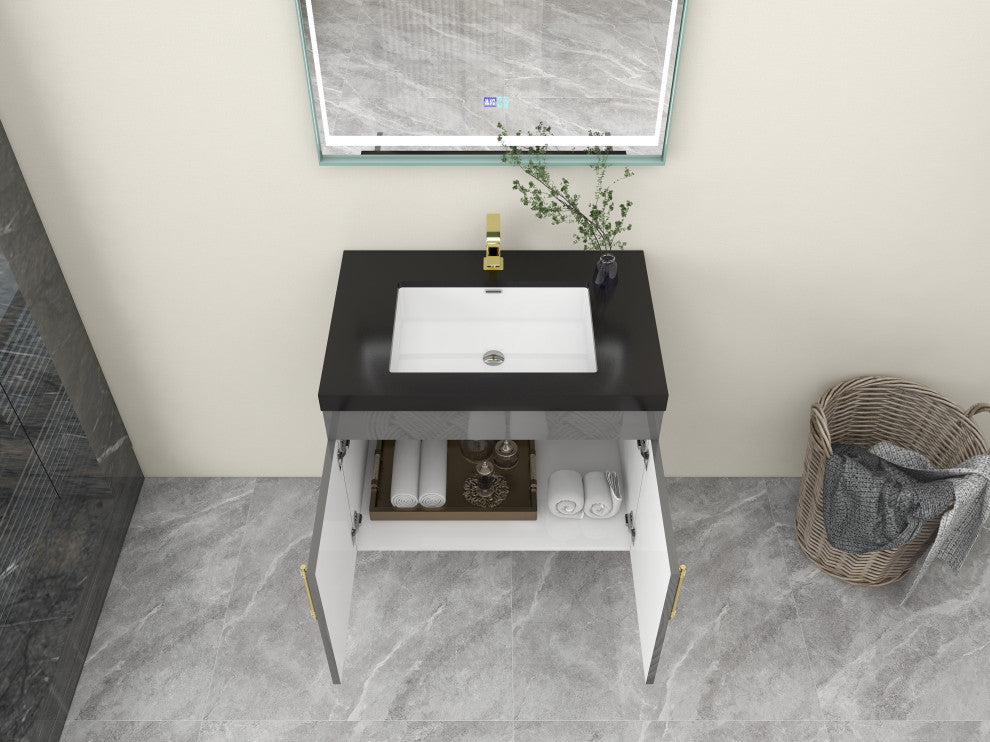Rosa 30" Wall Mounted Modern Vanity, High Gloss Gray, Matt Black Top
