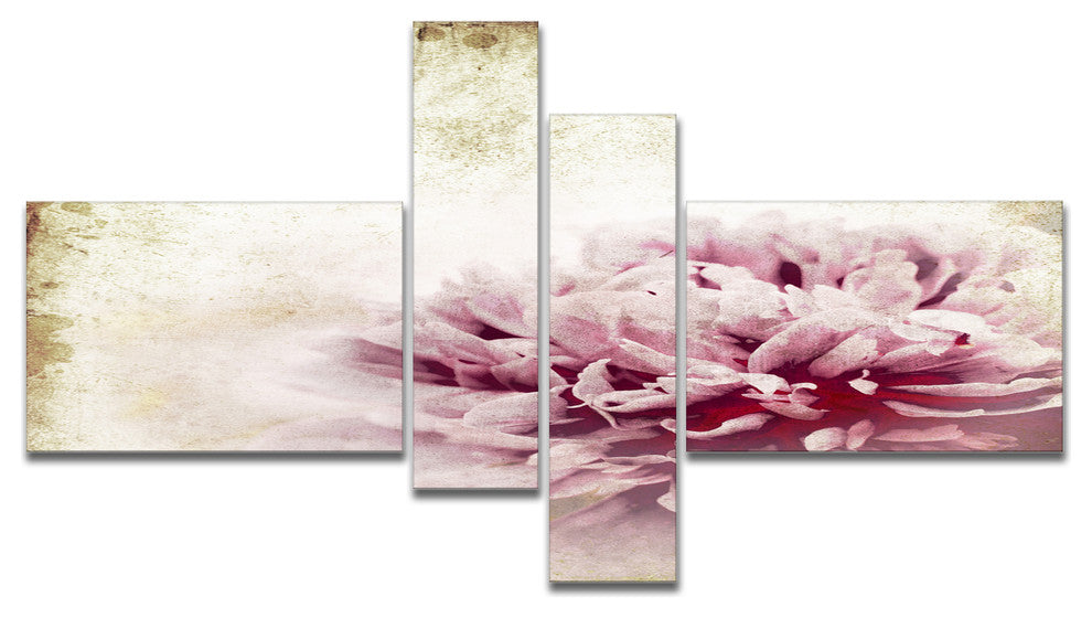 Pink Peony in Vintage Style, Floral Art Canvas Print, 60"x32", 4 panels