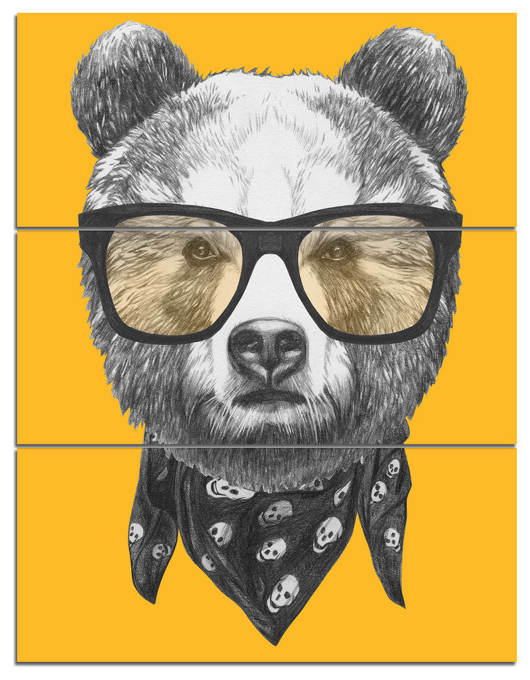 Funny Bear with Formal Glasses, Contemporary Animal Art Canvas, 28x36, 3 Panels