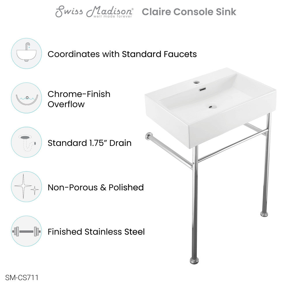 Claire 24 Ceramic Console Sink White Basin Chrome Legs