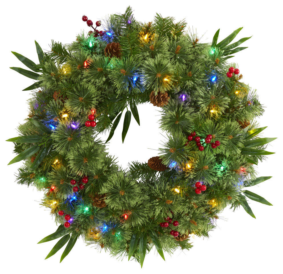 24ï¿½ Mixed Pine Christmas Wreath / 50 Multicolored LED Lights Berries and Pine
