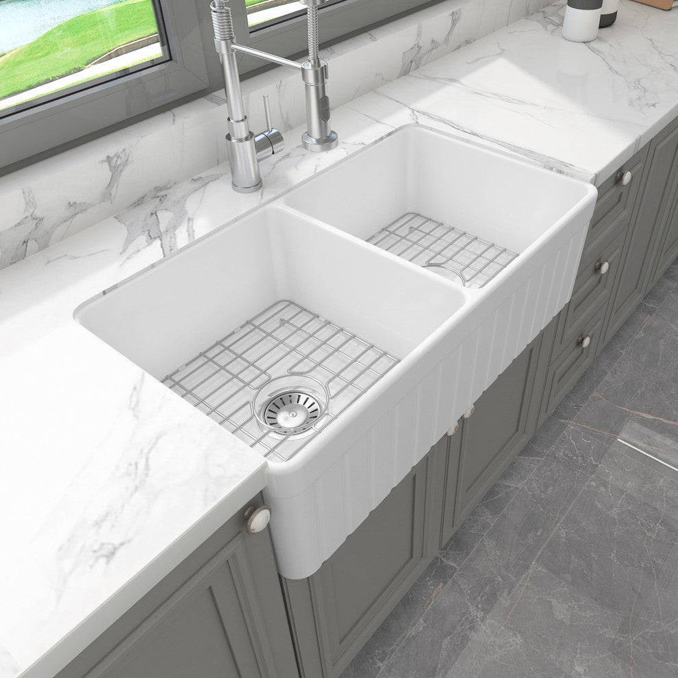 Sinber 33" Farmhouse Apron Double Bowl Kitchen Sink with Fireclay White