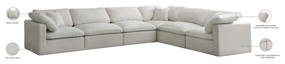 Plush Velvet / Down Standard Comfort L-Shaped Modular Sectional, Cream, 6-Piece: 3 Armless Chair, 3 Corner Chair