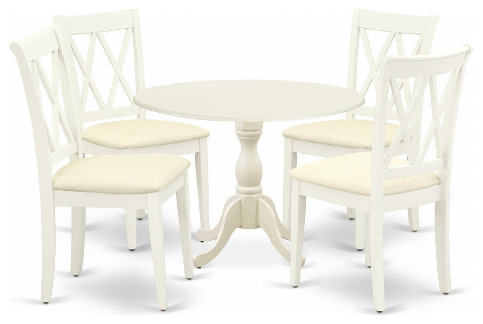 5 Pc Dinning Set, 1 Drop Leaves Dining Table, 4 Linen White Dining Chairs