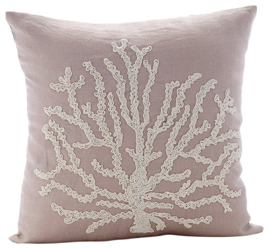 Beaded Sea Weeds Mocha Pillow Shams, Cotton Linen 24x24 Pillow Shams, Sea Shrub