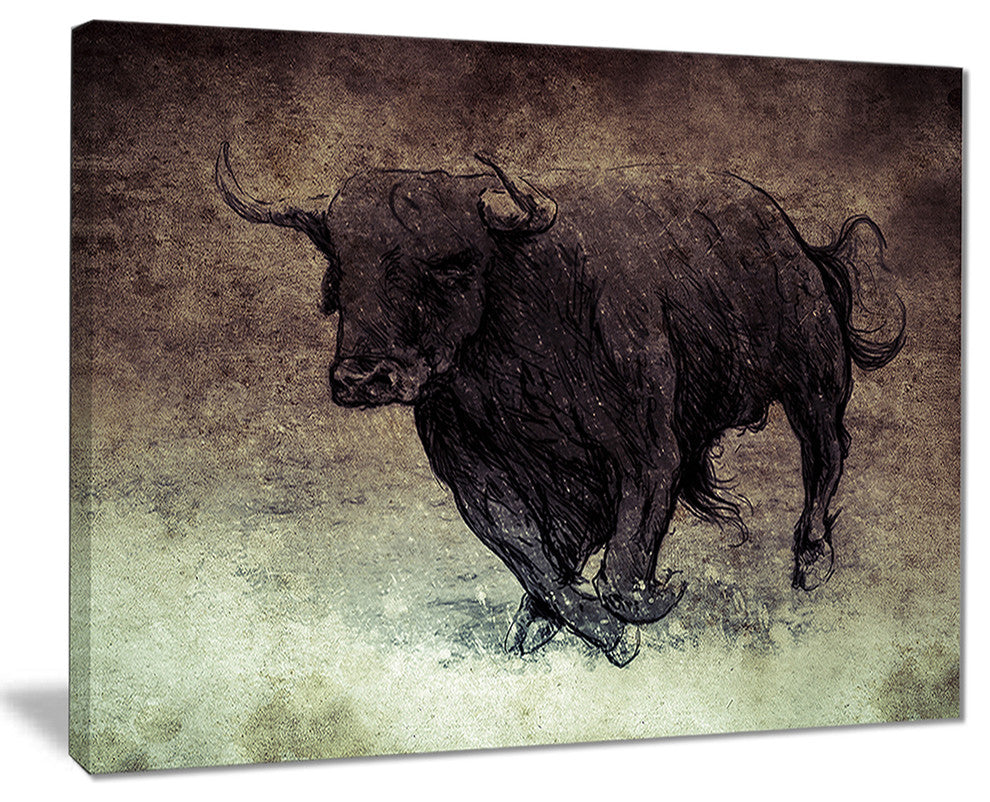 "Bull Running on Vintage Paper" Animal Digital Art Canvas Print