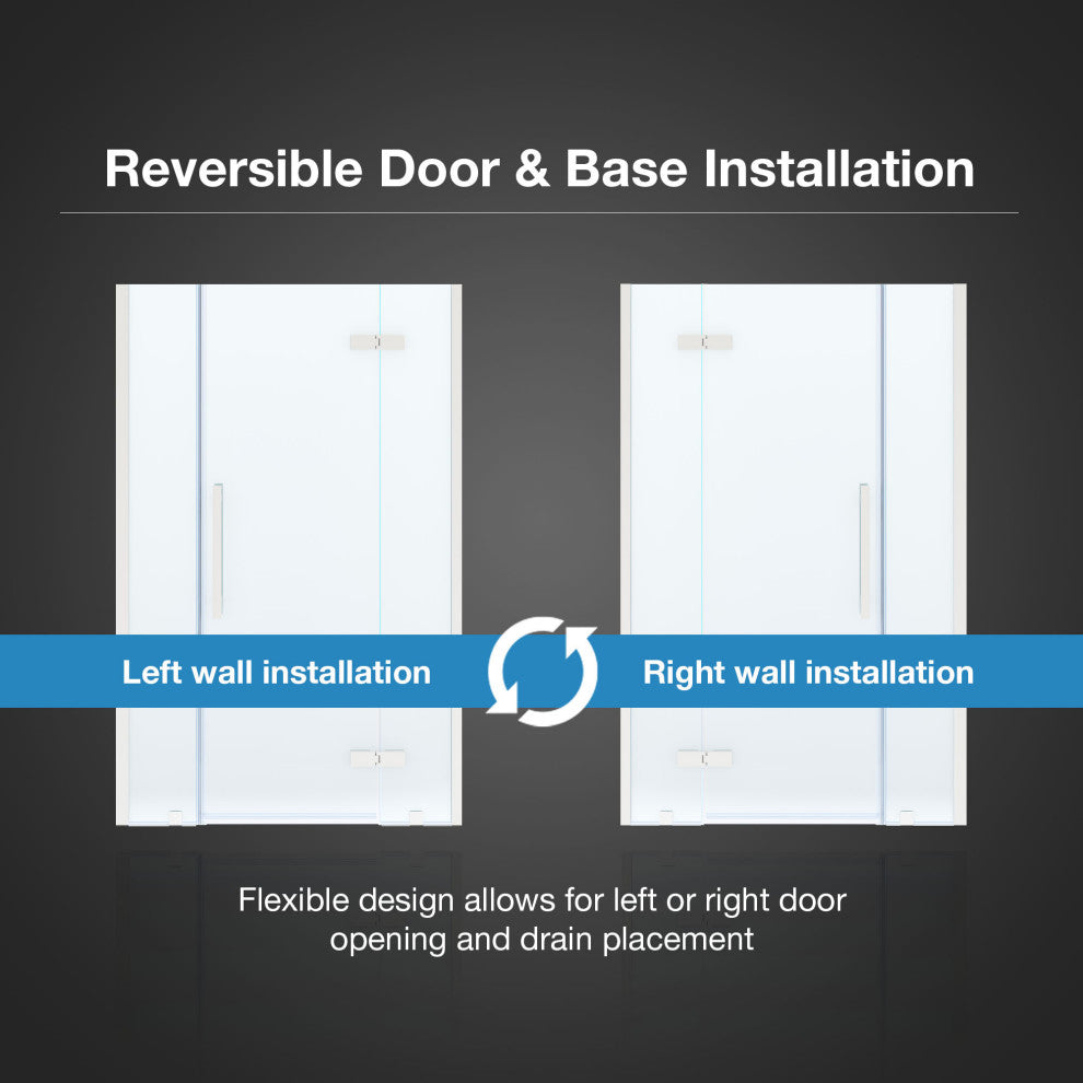 Tampa Alcove Frameless Pivot Hinge Shower Door Kit With Base Pan, Satin Nickel, 48x32"
