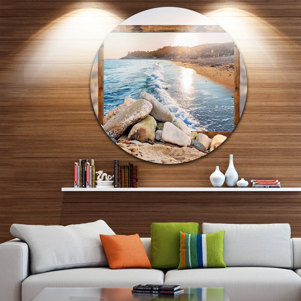 Framed Rocky Beach, Seashore Art Round Wall Art, 36"