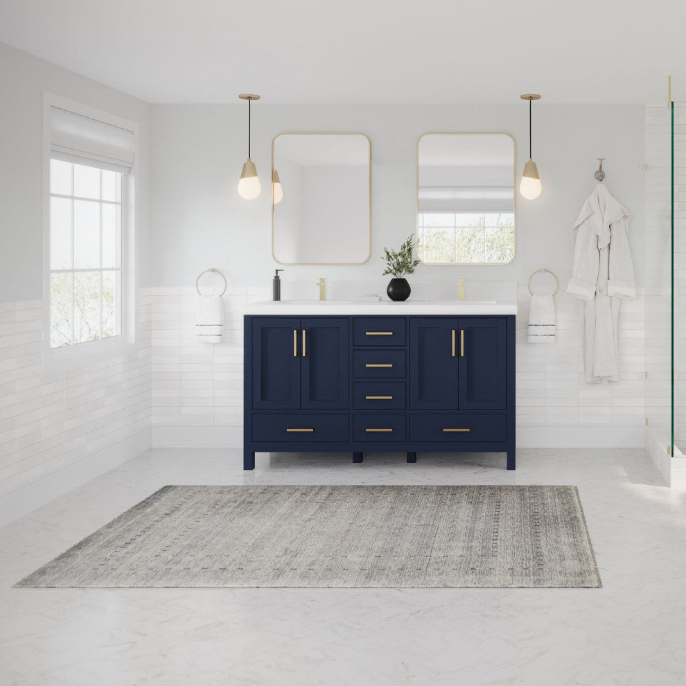 Preston Bath Vanity, Blue, 60", White Quartz Top, Double, Freestanding