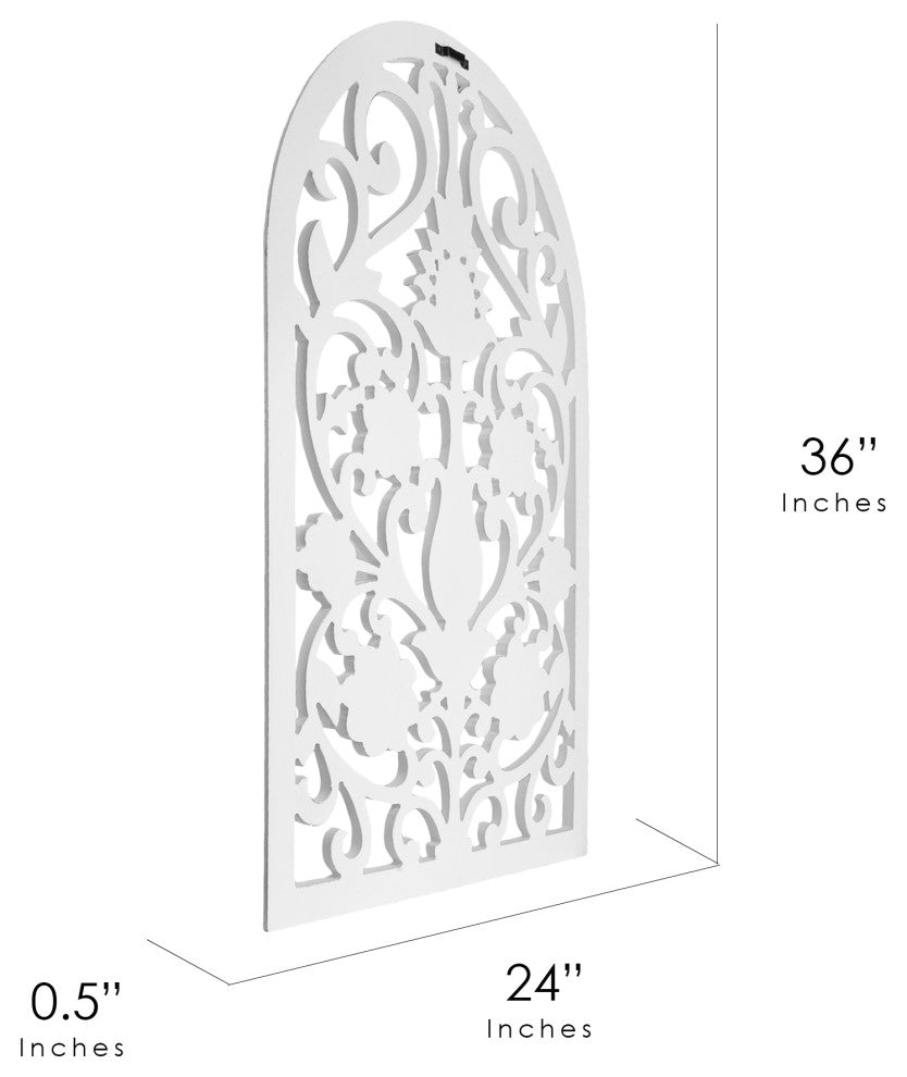 American Art Decor Arched Windowpane Floral Wood Wall Panel, White 36"x24"