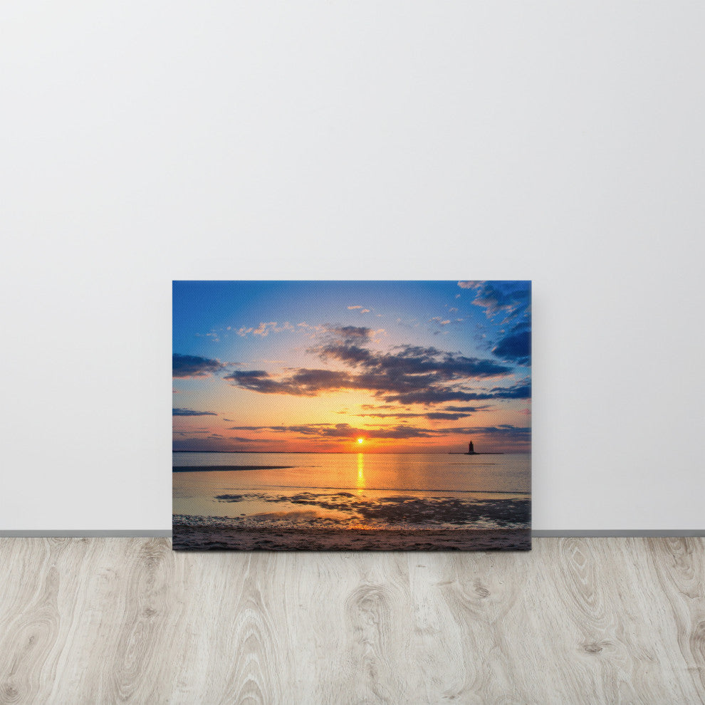 Sunset at Breakwater Lighthouse Coastal Landscape Photo Canvas Print, 18" X 24"