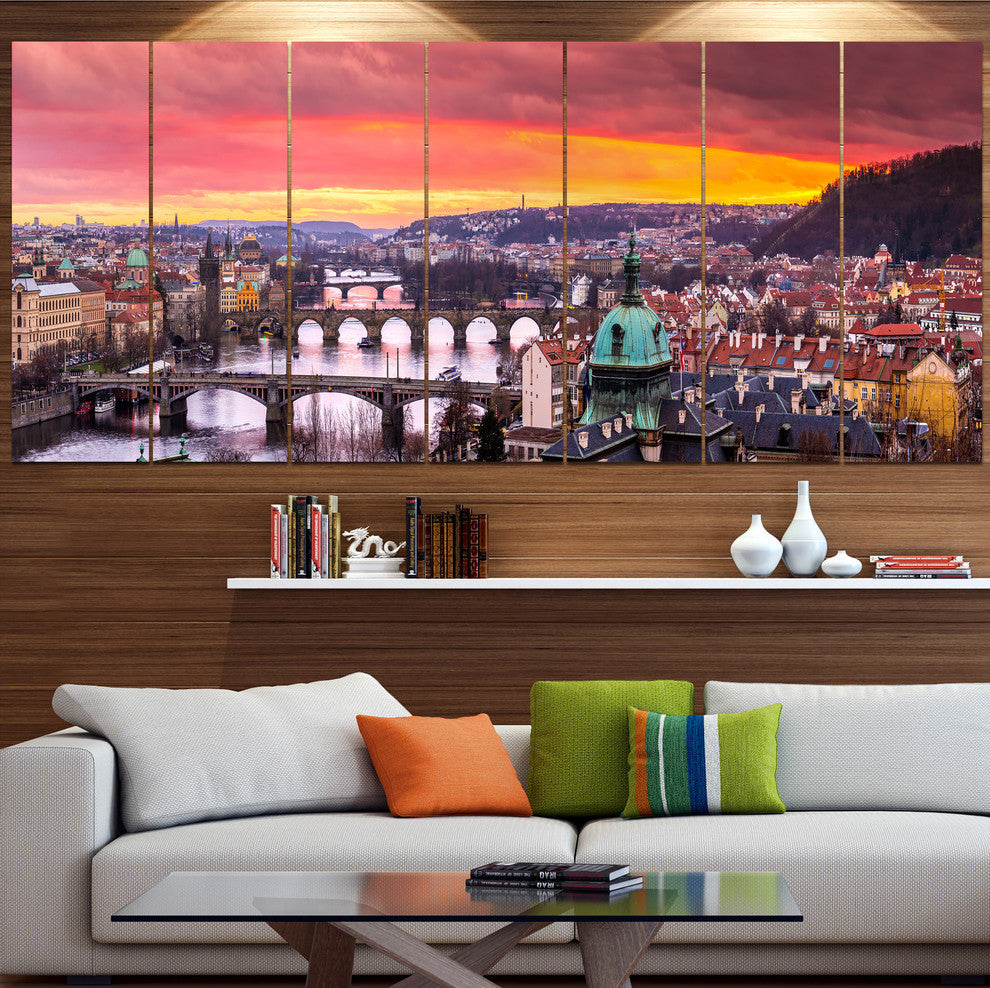 Bridges in Prague Panorama, Landscape Canvas Art Print, 83"x32", 7 Panels