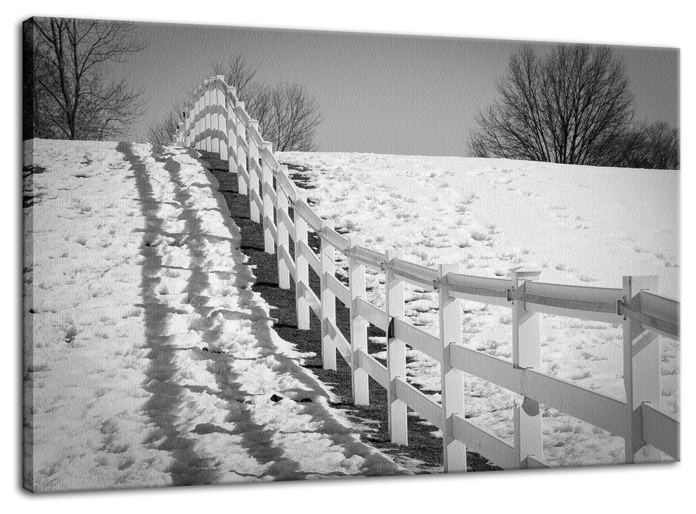 Endless Fence Rural Black & White Landscape Photo Canvas Wall Art Print, 12" X 16"