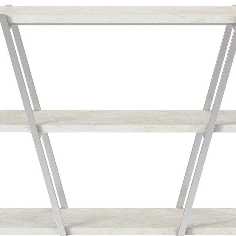 Bookcase, Unique Design With Metal Frame & Open Shelves, Chrome/White Washed
