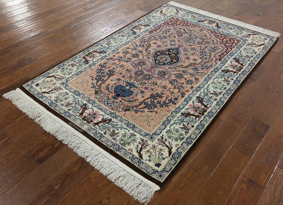 Signed Authentic Persian Isfahan Handmade Wool and Silk Area Rug, 4'x6'