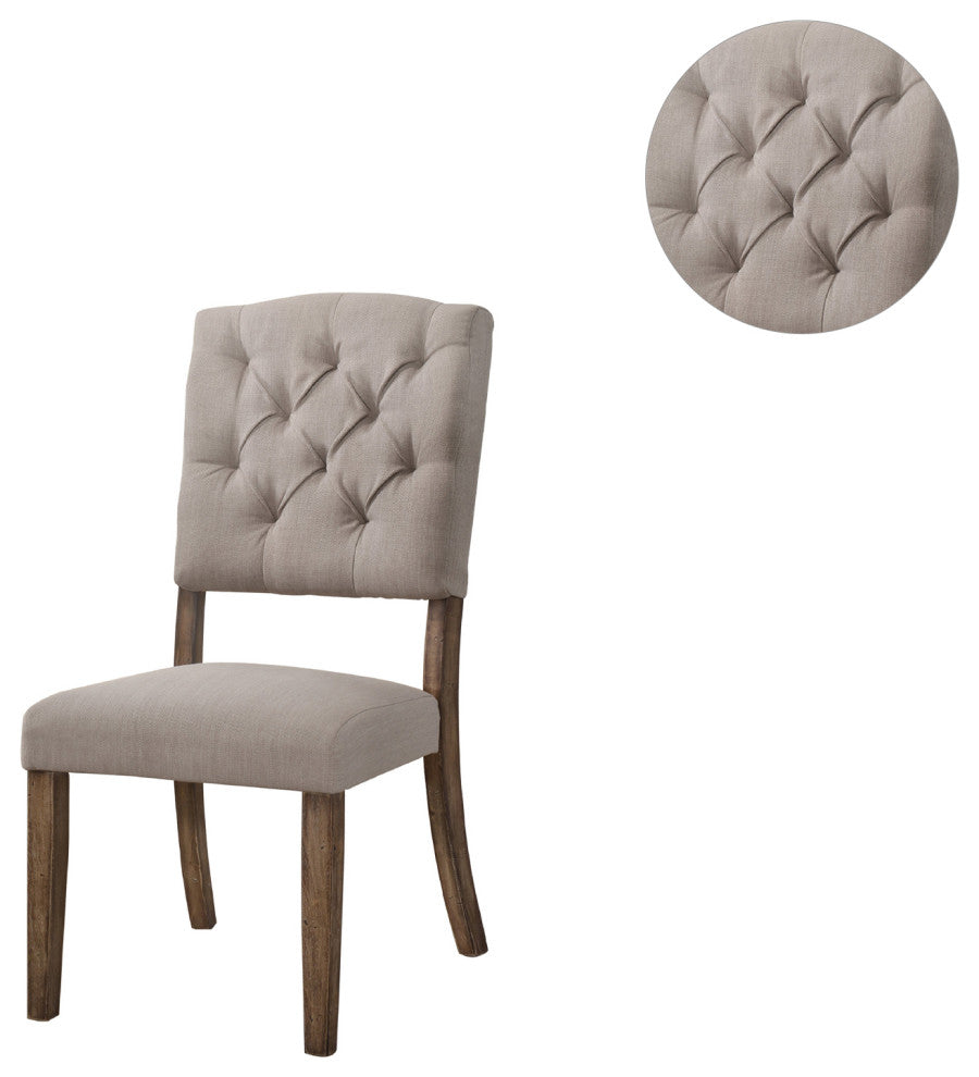 Set of 2 Linen Upholstered Side Chair, Cream/Weathered Oak Finish
