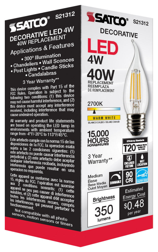 4W CA10 LED, Clear, Medium Base, 90 CRI, 2700K, 120V