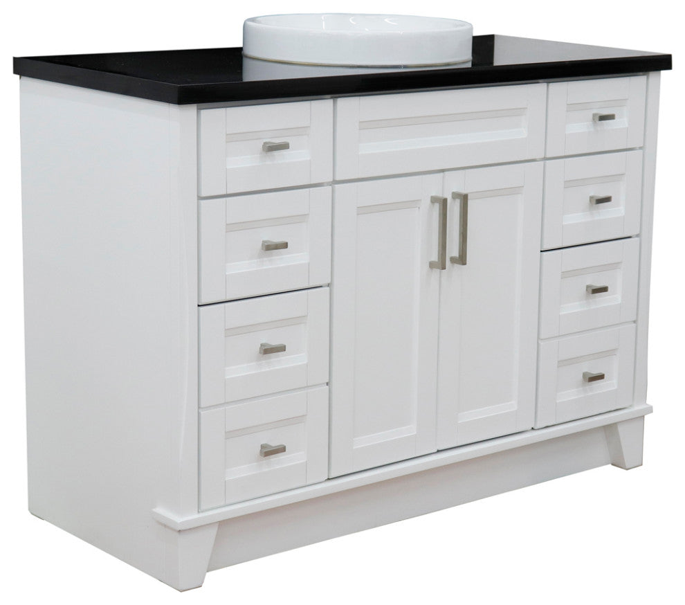49" Single Sink Vanity, White Finish With Black Galaxy Granite And Round Sink