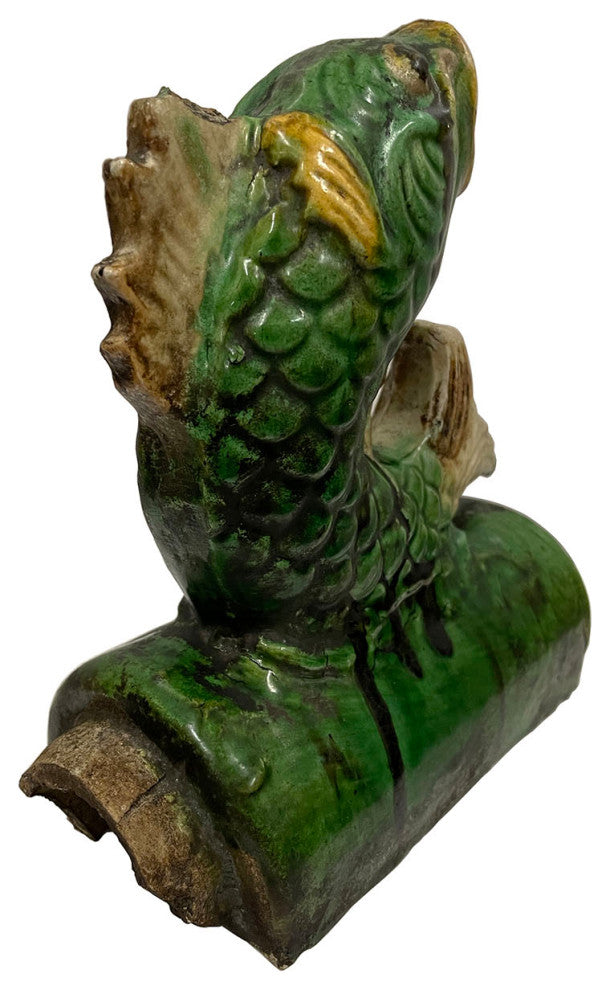 Consigned Early 20th Century Antique Chinese Glazed Ceramic Koi Fish Roof Tile