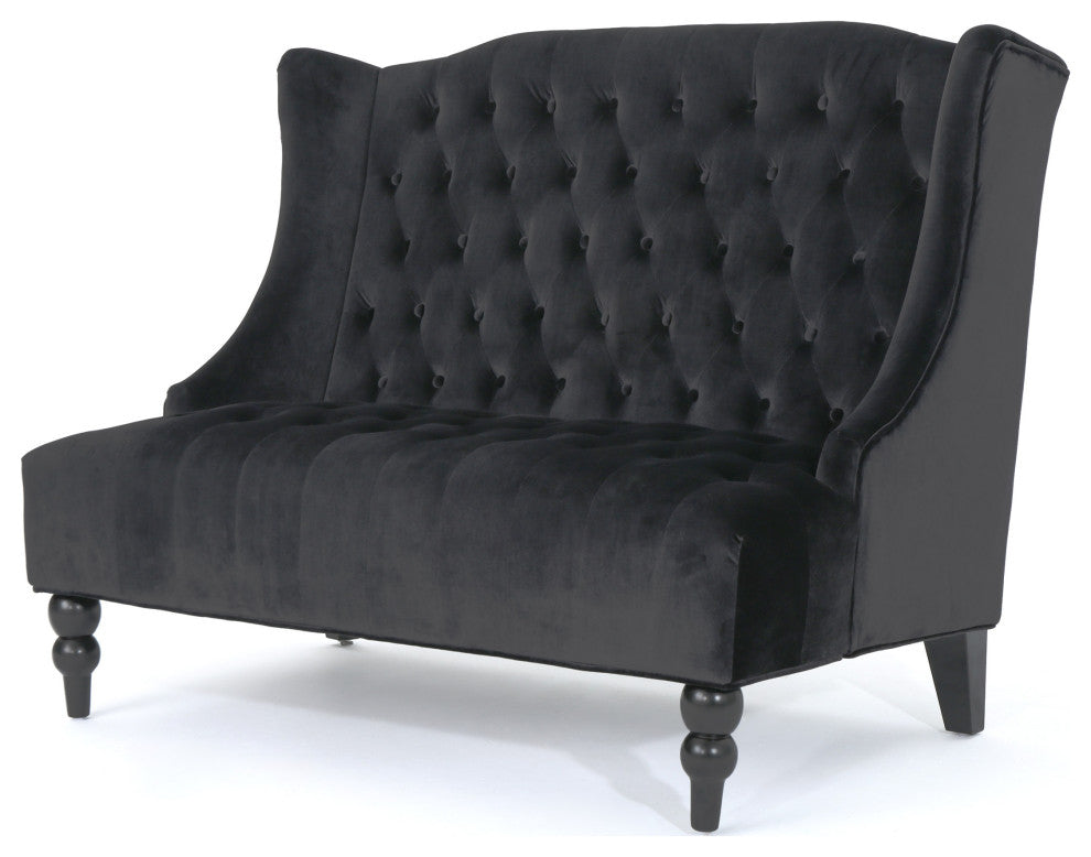 GDF Studio Leah Traditional Tufted High Winged Back New Velvet Loveseat, Black