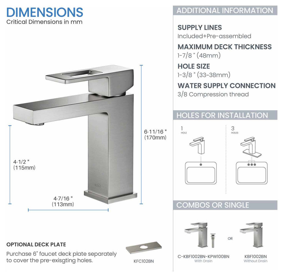 Cubic Single Hole Bathroom Faucet KBF1002, Brush Nickel, W/ Drain