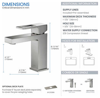 Cubic Single Hole Bathroom Faucet KBF1002, Brush Nickel, with Drain