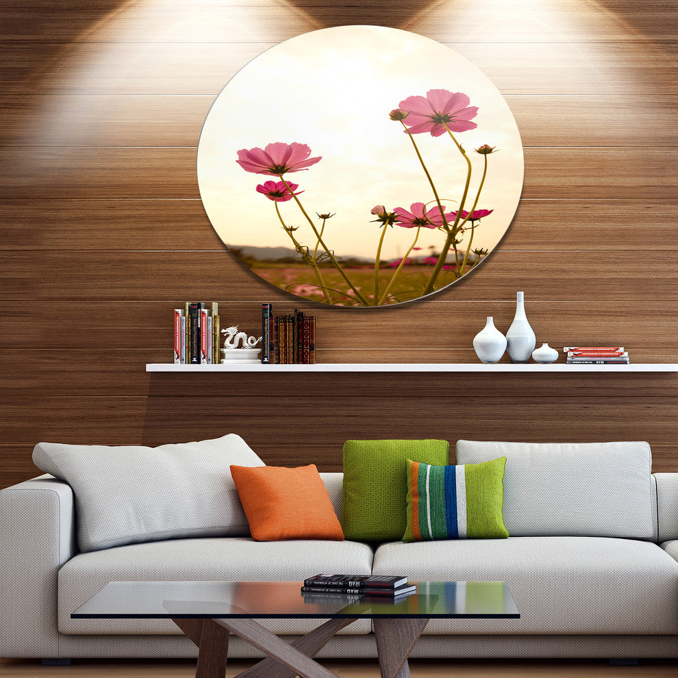 Blooming Cosmos Flower Field, Modern Floral Disc Metal Artwork, 36"