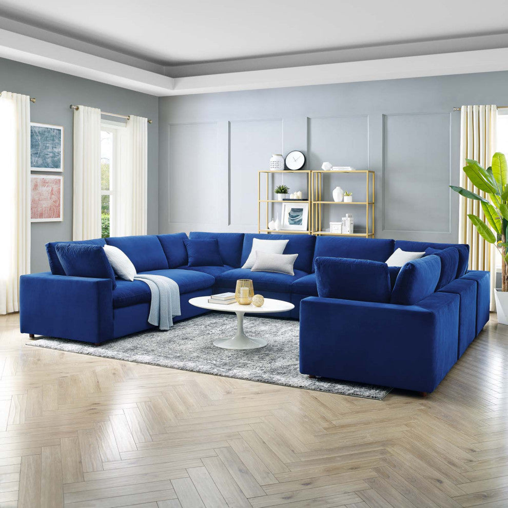 Commix Down Filled Overstuffed Performance Velvet 8-Piece Sectional Sofa Navy