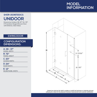 Dreamline Unidoor Min 36" To Max 37" Frameless Hinged Shower Door