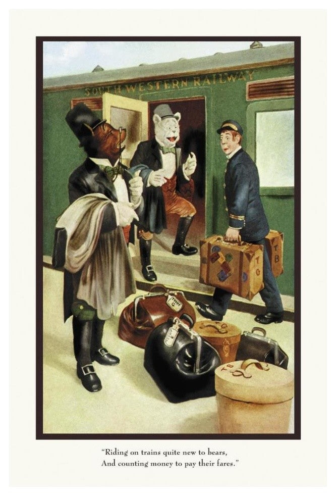 "Teddy Roosevelt's Bears: Teddy B and Teddy G Riding Trains" Paper Art, 14"x20"