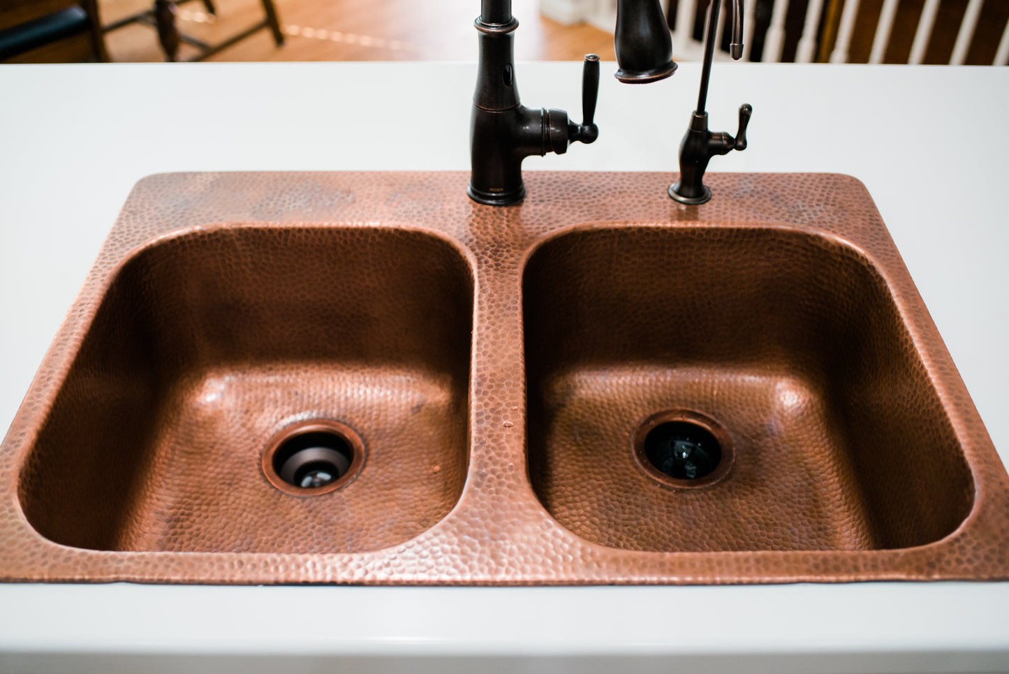 Santi 33" Drop-in Copper Double Bowl Kitchen Sink, 1-Hole