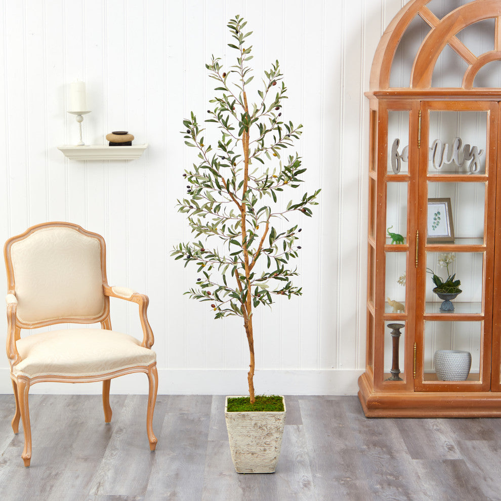 70" Olive Artificial Tree, Country White Planter