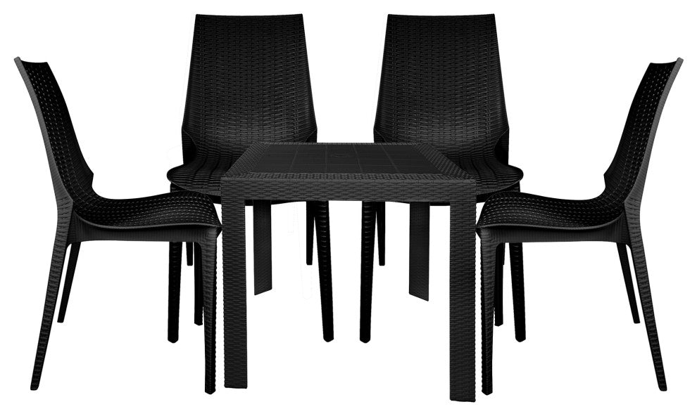 LeisureMod Kent Weave Design 5-Piece Outdoor Patio Dining Set, Black