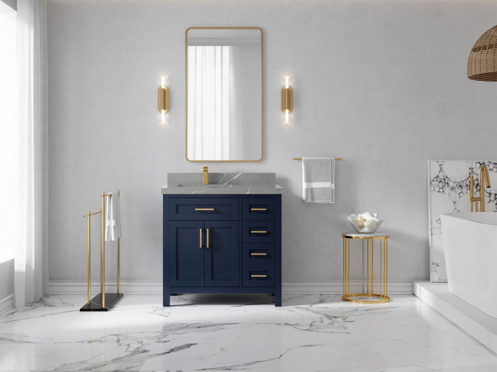Cambridge 36 Left Offset Bath Vanity in Hale Navy Blue 2" Piatra Gray