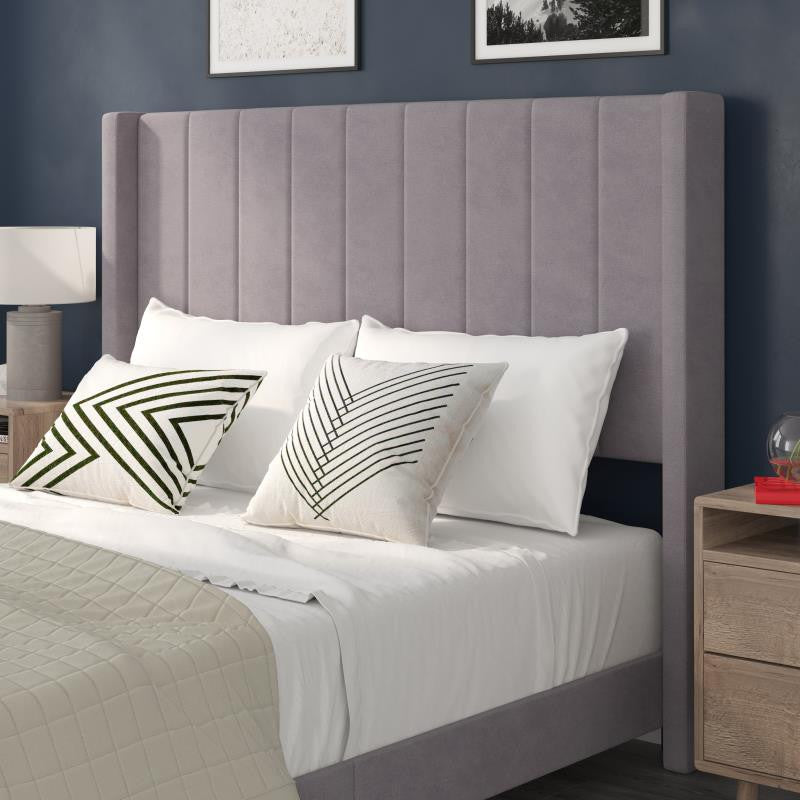 Bianca Upholstered Platform Bed w/Vertical Stitched Wingback Headboard, Gray Velvet, Queen
