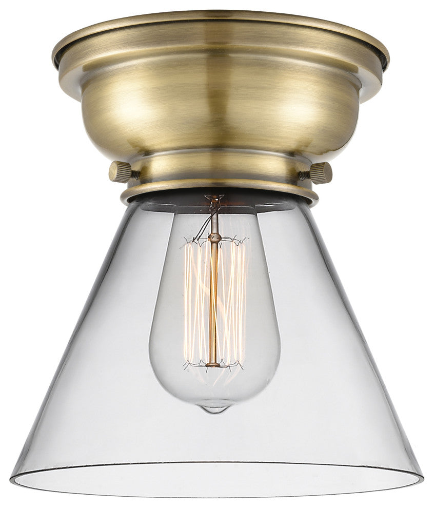 Large Cone 1-Light Flush Mount, Antique Brass, Clear