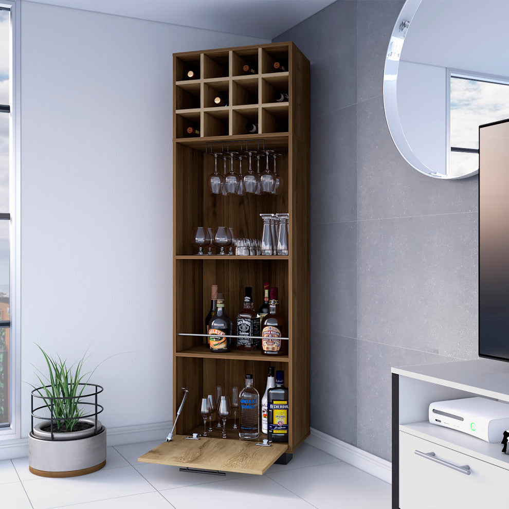 Aubree Corner Bar Cabinet with 12 Wine Cubbies, Mahogany/ Macadamia