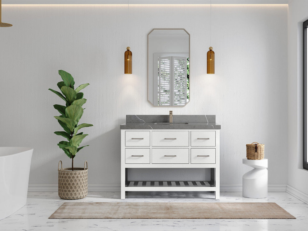 Parker 48 Single Sink Bath Vanity in White 2" Piatra Gray