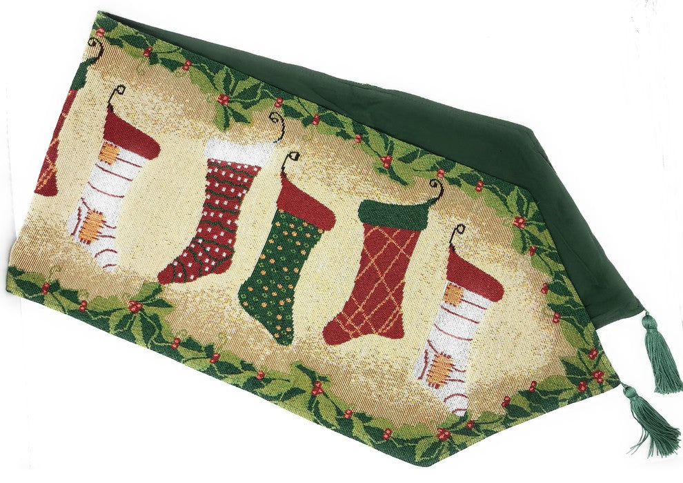 Christmas Tapestry "Hang My Stockings By The Fireplace" Table Runner, 13"x90"