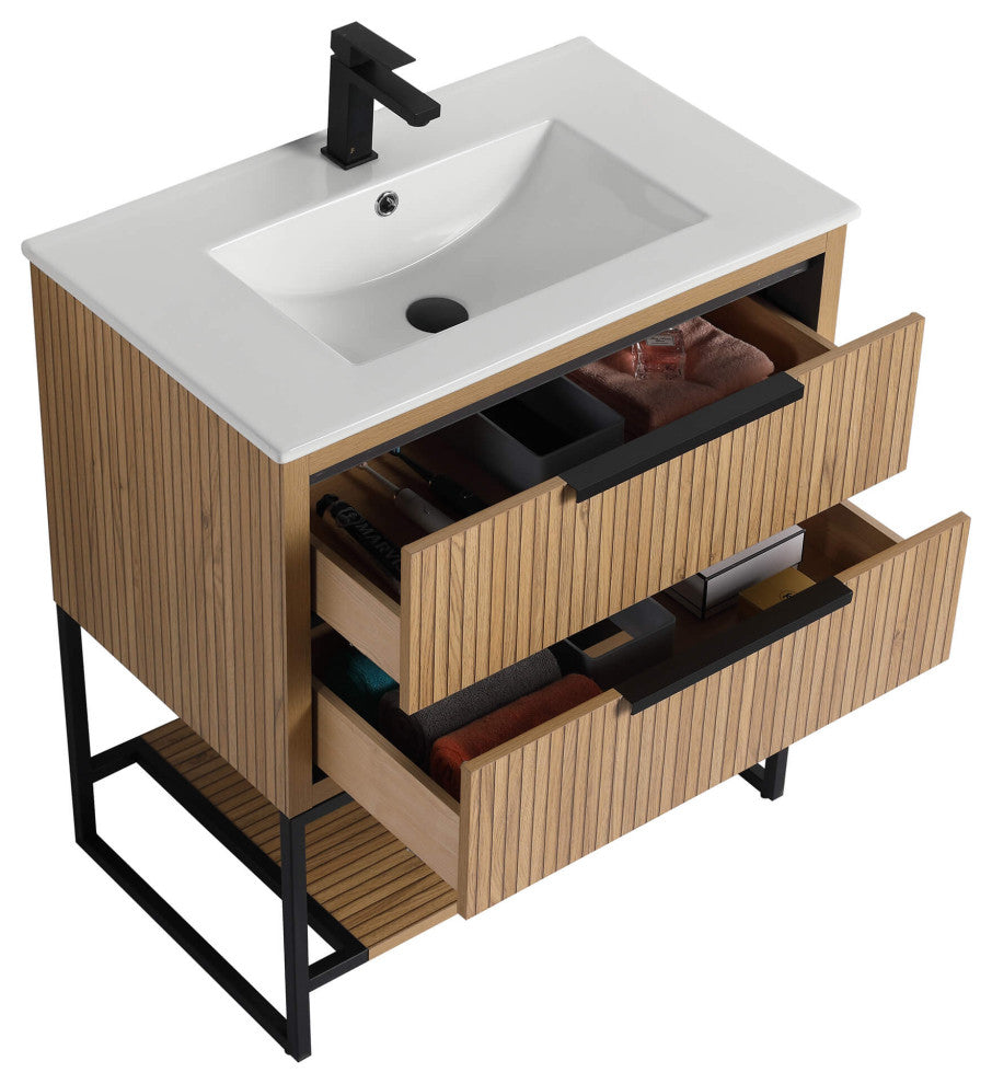 Kingsford Grooved-Look Bath Vanity, Bright Oak, White Ceramic Sink, 30", Drawers